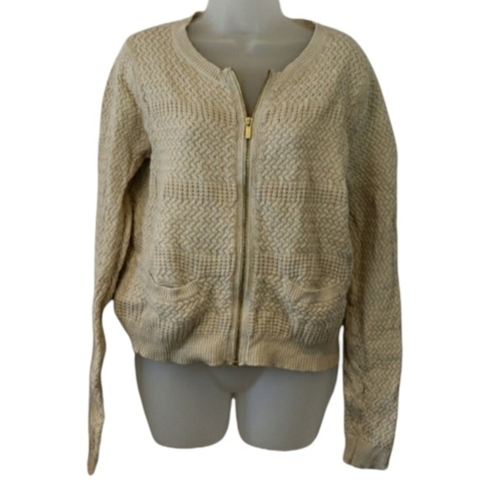 Banana Republic Full Zip Cream Textured Basket Weave Cardigan Sweater LG